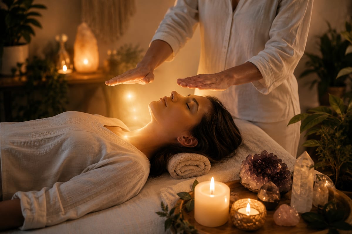 Sessão de Reiki em ambiente calmo e acolhedor